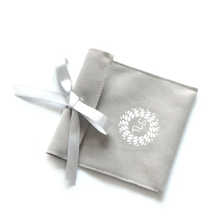 

Custom white logo printed earring holder suede envelope bag w/ ribbon