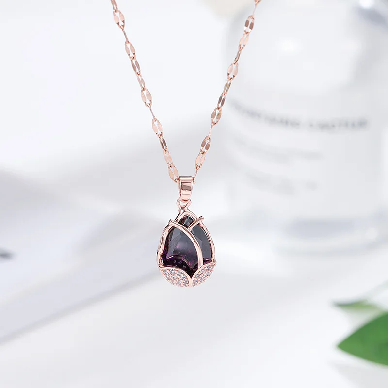 

2021 Water Drop Rose Gold Tulip Necklace Purple Large Zircon Fashion Lip Collarbone Women Necklace Jewelry Gift