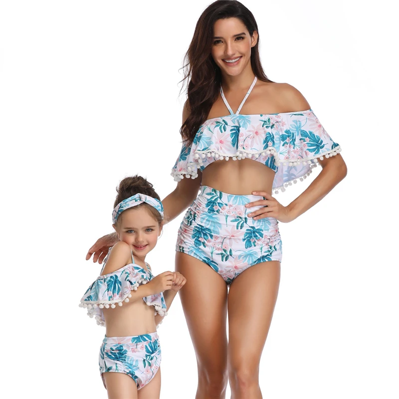 Halter-Neck matching mother and daughter swimsuit high waisted floral swimsuit, Black,red