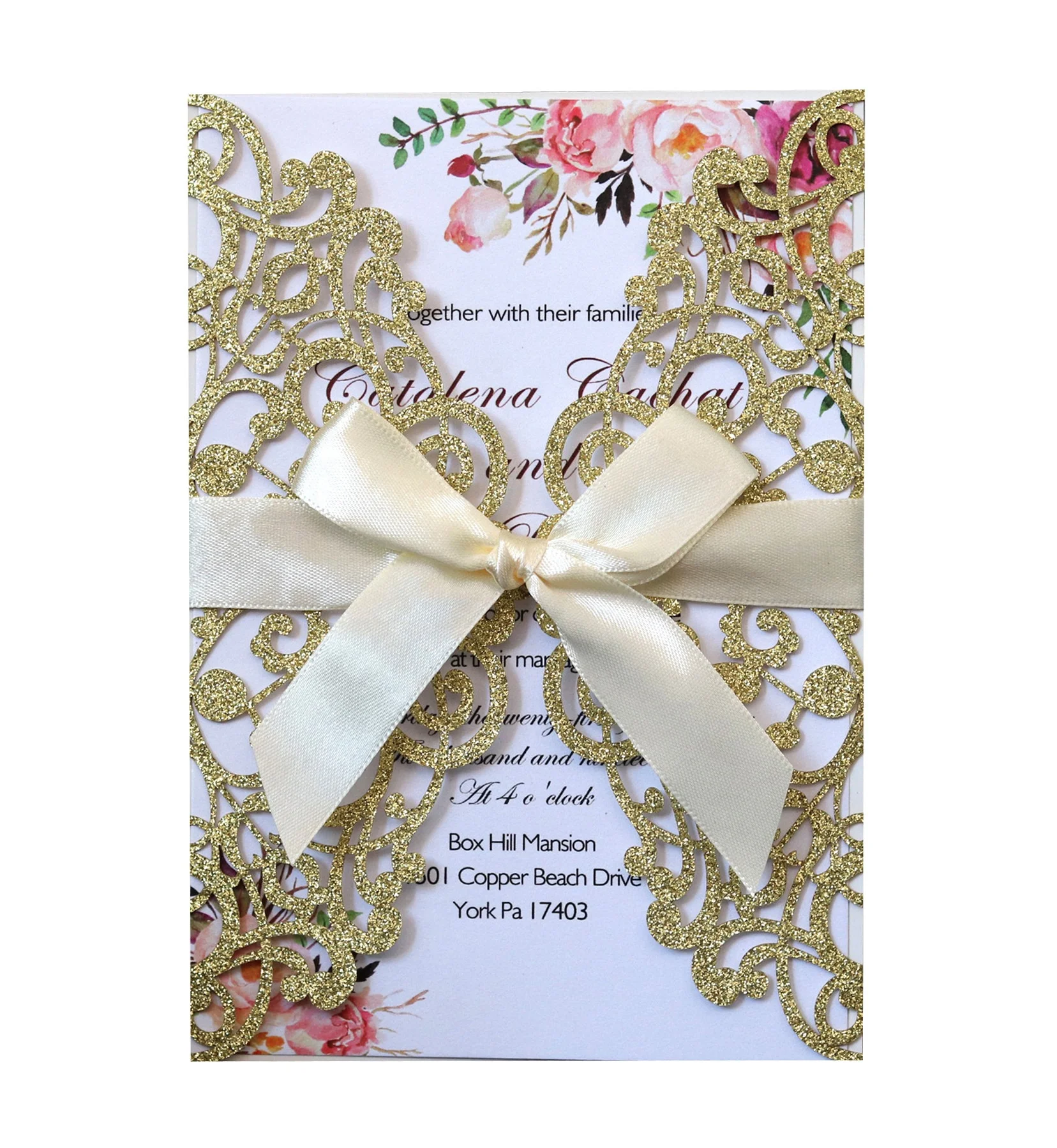 

Hot sale! Newest laser cut glitter cards for birthday / wedding / party menu cards with ribbon knot