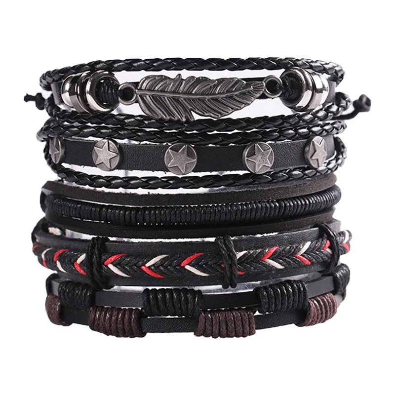 

Wholesale Punk vintage brown handmade multi-layer braided bracelet men's combination five set bracelet, Black