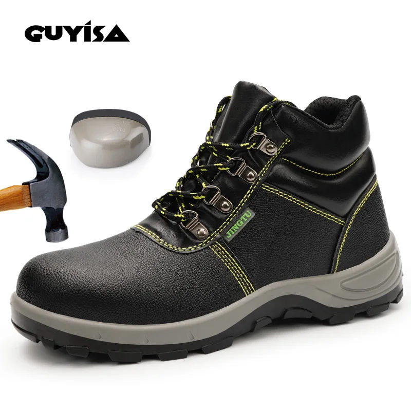 

GUYISA Autumn Winter Black Leather Rubber Midsole Outsole Steel Toe Anti-puncture Waterproof Newtons Working Shoes work boots