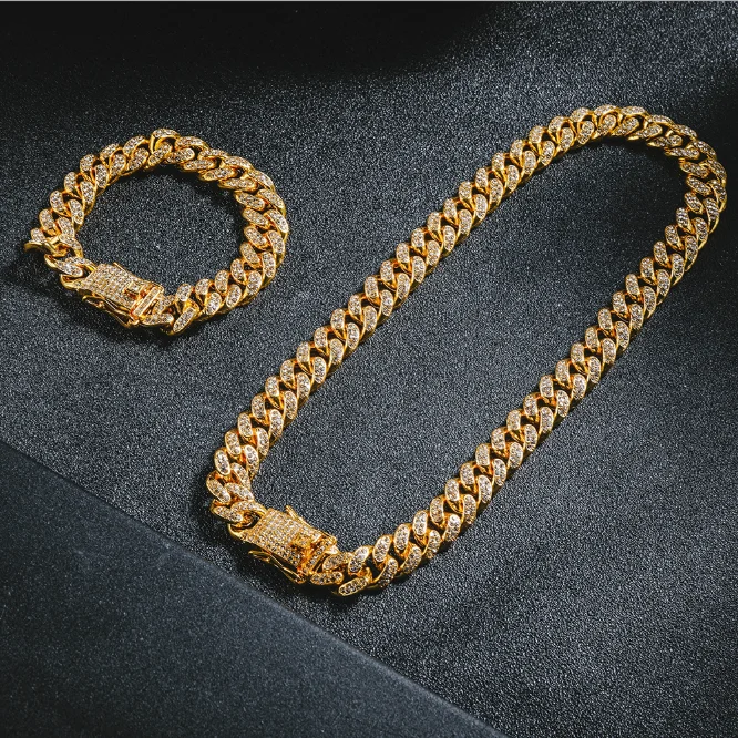 

Hip Hop 12mm Cuban Chain Iced Out Rhinestone Zinc Alloy Gold Plating Cuban Link Chain Choker Chain Miami Rapper Necklace