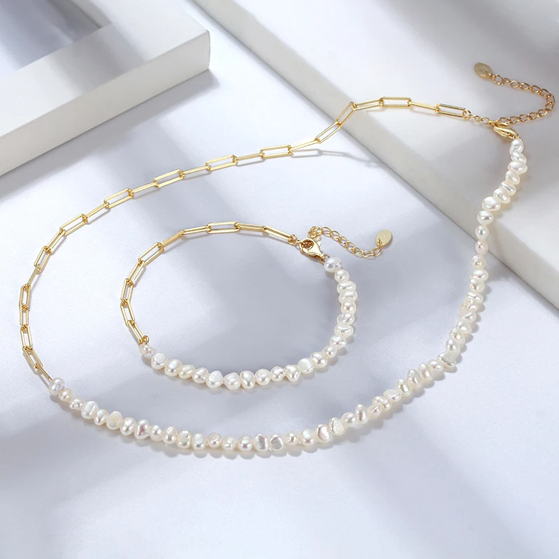 Wholesale 925 Sterling Silver Natural Freshwater Pearl Gold Plated Paper Clip Link Chain Bracelet Necklace Jewelry for Women Set