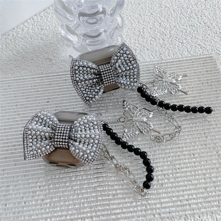 

Hot Luxury Fashion Korean Girly Glitter Diamond Pearl Butterfly with Key Chain Protective Cover for air pods 2 for Airpods Pro, Black color style earphone cases for apple airpods