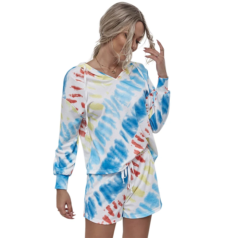 

Summer 2021 2 Piece Set Women Designer Colorful Tie Tye Dye Hoodie Short Set, Evening party fushion red