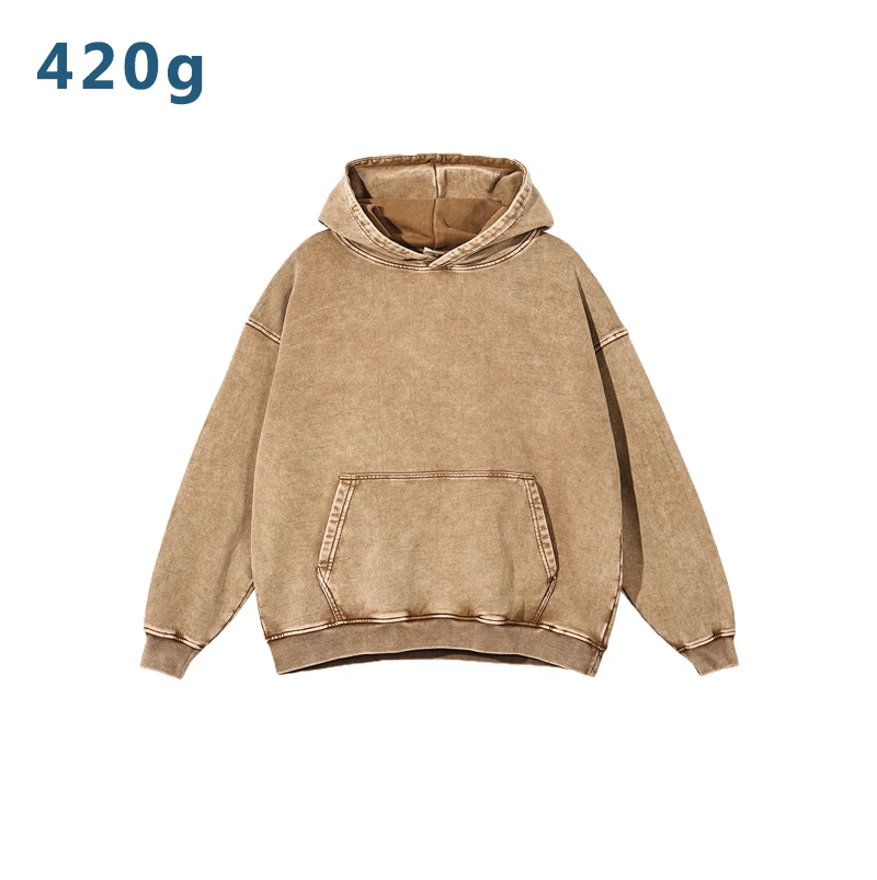 Retro 420 Grams Front Logo Autumn Anti-Pilling Feature Heavy Washed Vintage 100% Cotton Sweatshirt Trendy Hooded Hoodie