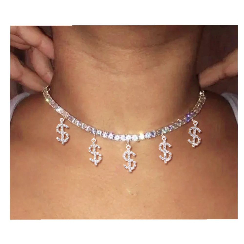 

Explosive Hip Hop Dollar Sign Necklace Hypoallergenic Diamond Jewelry Personality Fashion Trendy Charm Rhinestone Gold Choker, Silver & gold