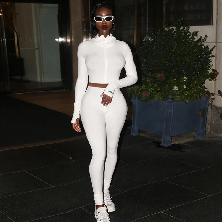 

New Arrival Casual Solid Color Long Sleeve Zipper Sportswear Ladies Fall 2 Piece Set Women Clothing Two Piece Pants Set