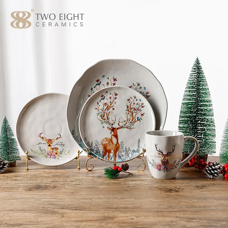 

New Design Christmas Ceramic Plates Hot Selling Porcelain Tableware Set Dinnerware Dinner Custom Crockery Set and Coffee Mugs, Grey blue