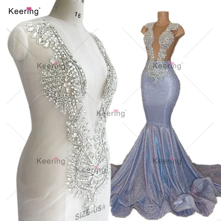 

WDP-148 Hot prom gown keering big diamond rhinestone panel fabric appliques handmade for wedding dresses, Silver/royal blue/gold/rose gold