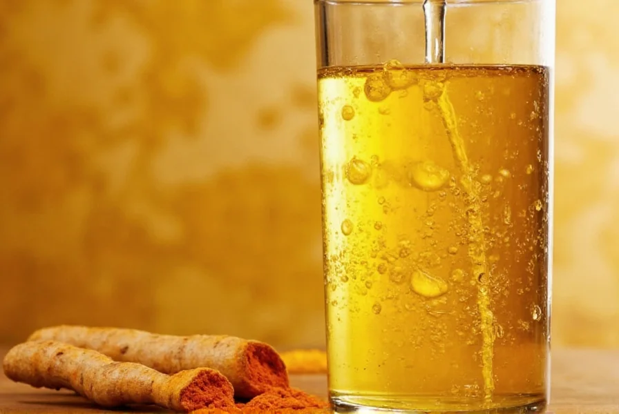 Golden turmeric water in glass with fresh turmeric root and black pepper