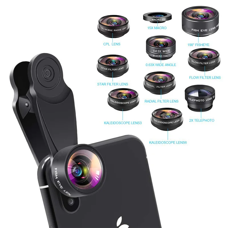 

Hot sell 10 in 1 cell Phone Camera Optical Lens Kit Fisheye Wide angle lens Macro Lens With Universal Clip For Smartphone