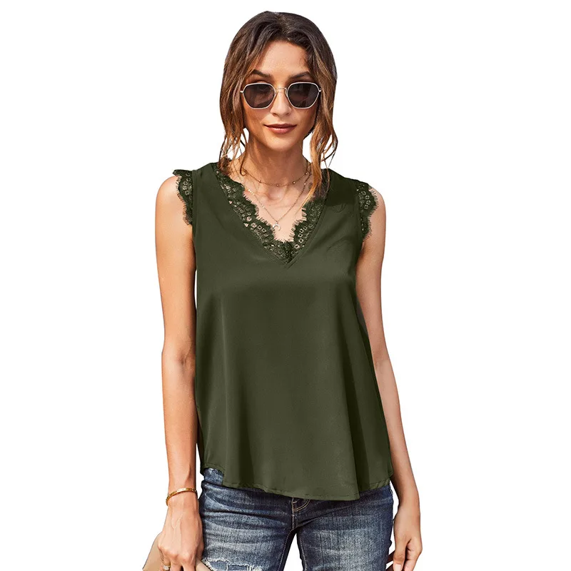 

2020 Summer Sweet army green Solid Sleeveless tops Eyelash Lace V Neck Tank Women clothing
