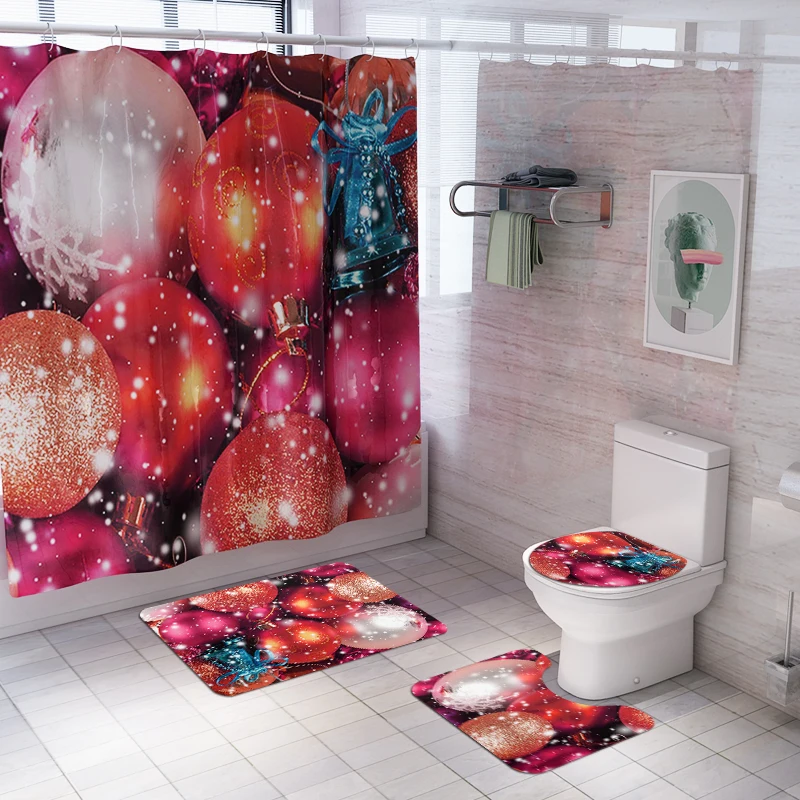 Christmas Santa Claus printed Toilet Pad Cover Bath Mat Shower Curtain Set for Bathroom Decoration