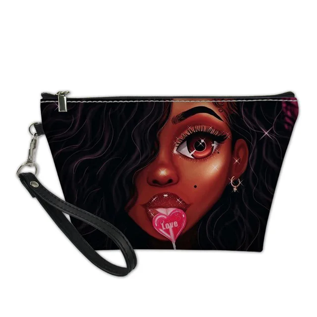 

Custom Logo Cosmetic Bag Women Black Art African Girls Printing Small Makeup Bag for Purse PU Leather Travel Toiletry Bag, Customized color
