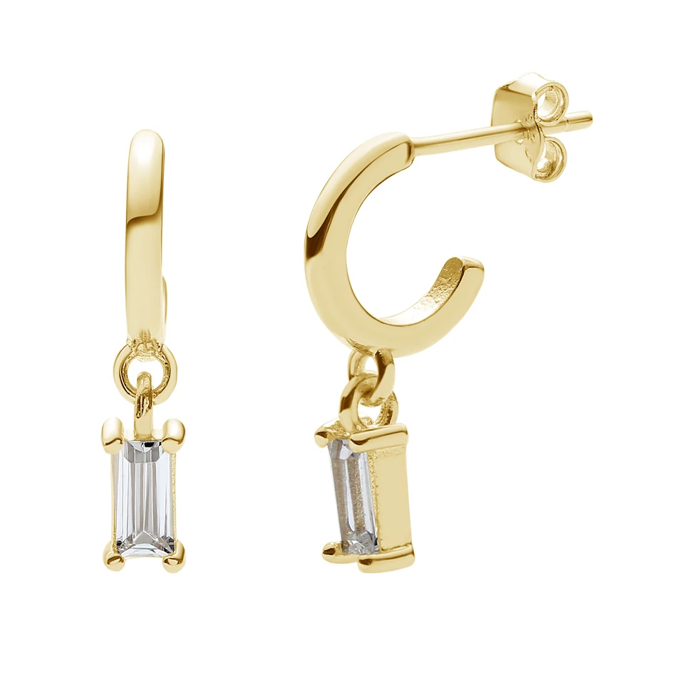 

Fashion Jewelry 925 Sterling Silver Rectangle Cubic Zirconia Hoop Earring 18K Gold Vermeil Baguette Bar Earring