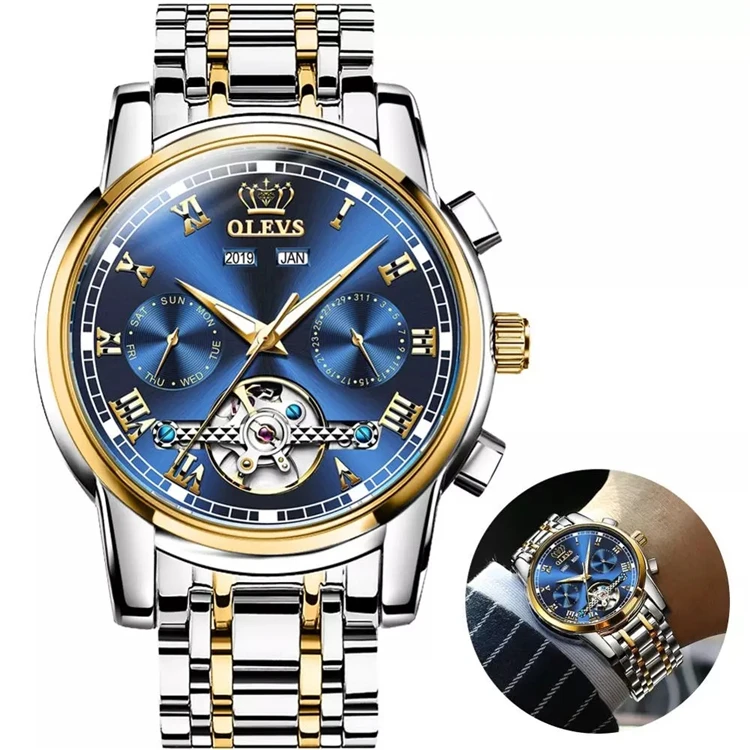 

OLEVS Business Watch Men Automatic Mechanical Tourbillo Mens Luminous Week Calendar Date Clock Relogio Masculino 6607