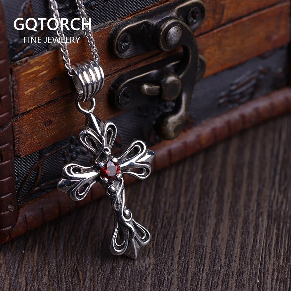 

925 Sterling Silver Cross Pendant Thai Silver Inlaid Natural Garnet Stone For Men And Women Retro Antique Christian Jewelry
