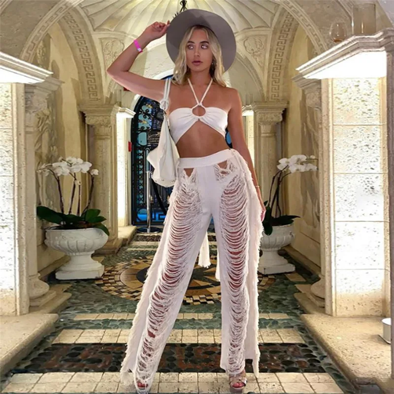 

2022 New Summer Hollow Out Pants Women Street wear Long Pants Beach Cover Up Solid Sexy Beach Party Wear Straight Cover Up