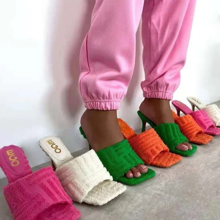 

INS hot selling winter worm outdoor square head women pumps towel spike heel sandals, White,orange,green,rose red