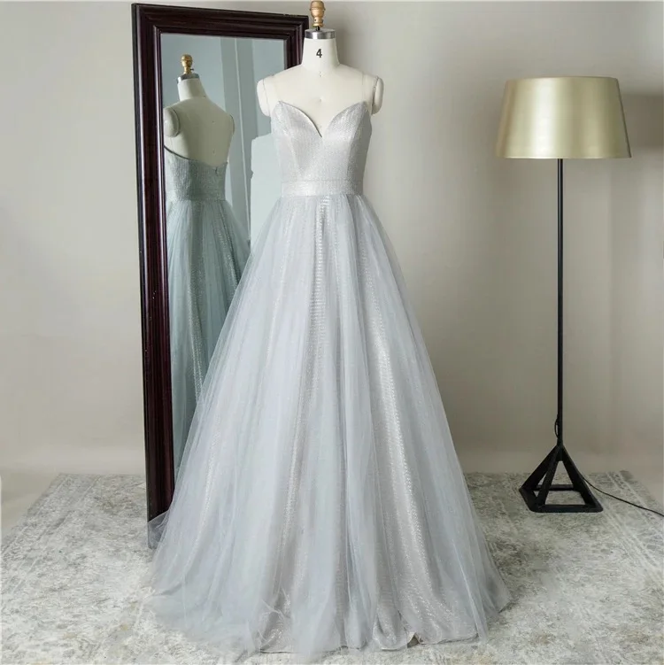 

Factory direct sell sweetheart neckline transparent spaghetti strap grey ladies long prom dress for 2020