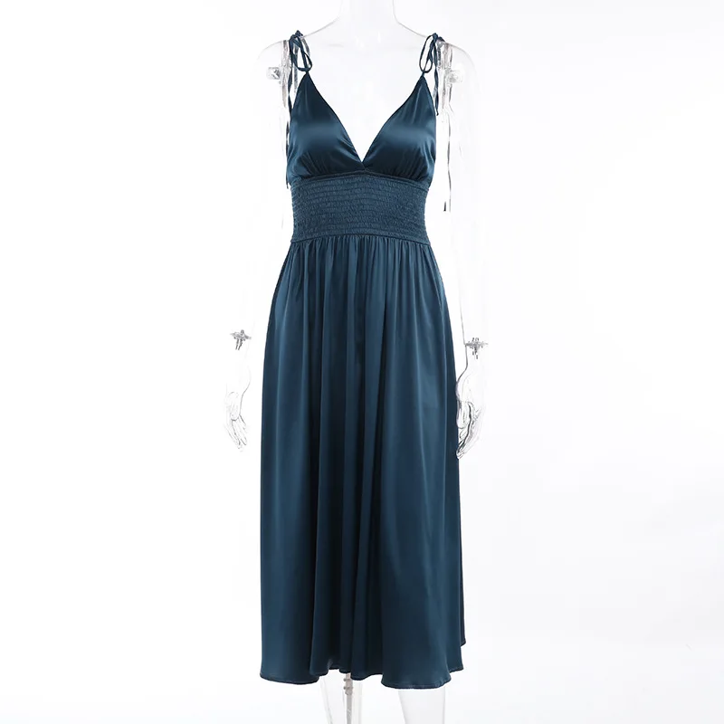 

2022 summer women spaghetti strap deep V neck satin elegant evening dress women prom dresses
