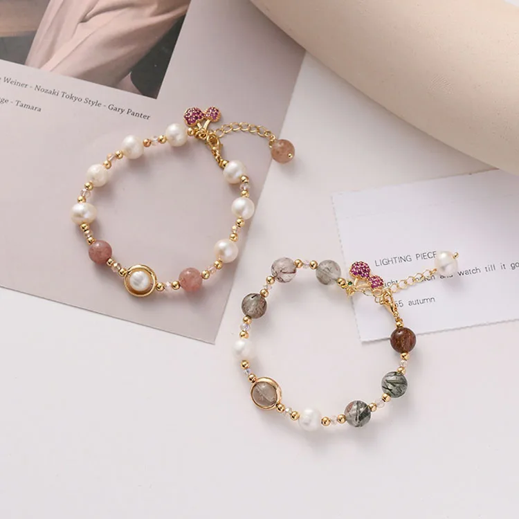 

Natural Rutilated Strawberry Quartz Freshwater Pearl Slide Chain Bracelet with CZ Paved Cherry Charm for Valentine's Day Gift