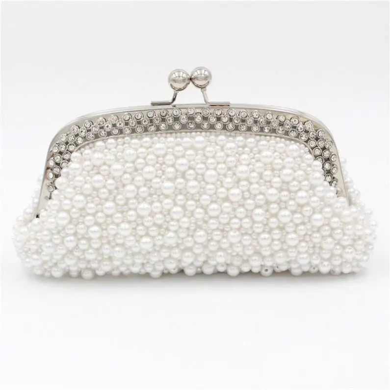 

Latest Beads Pearl Women's Evening Dinner Clutch Bag Bridal Bag For Wedding Evening Party Bridal HandBags Clutch Prom Purses, White beige champagne