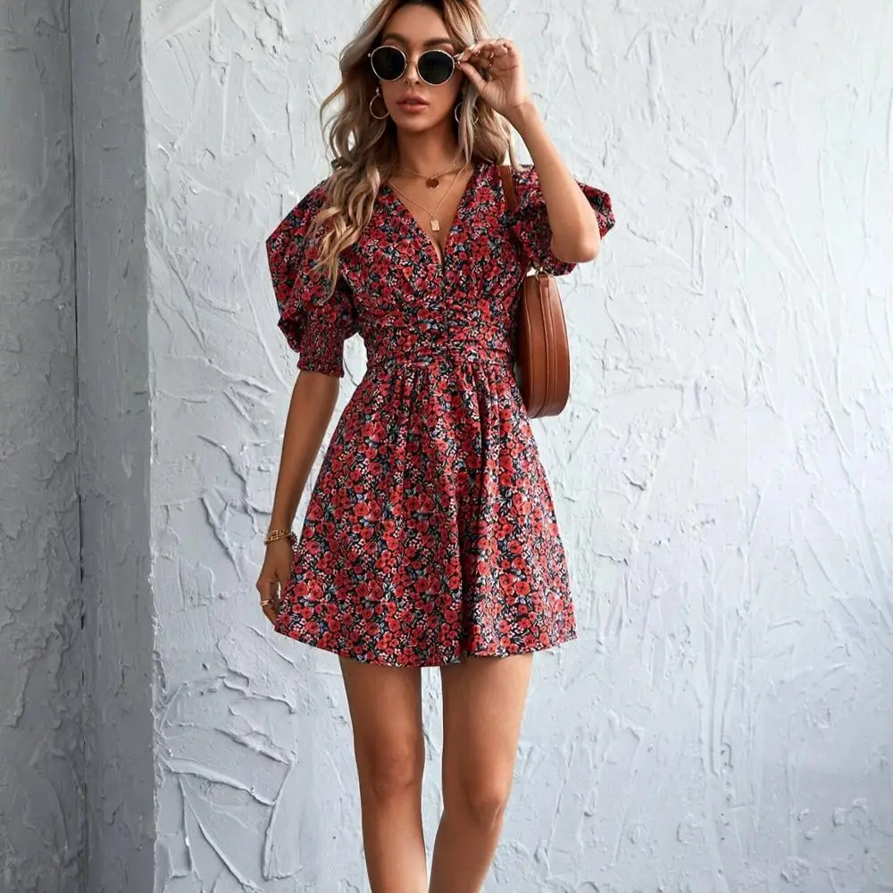 

Floral Print Shirred Back Puff Sleeve Dress, Customized color