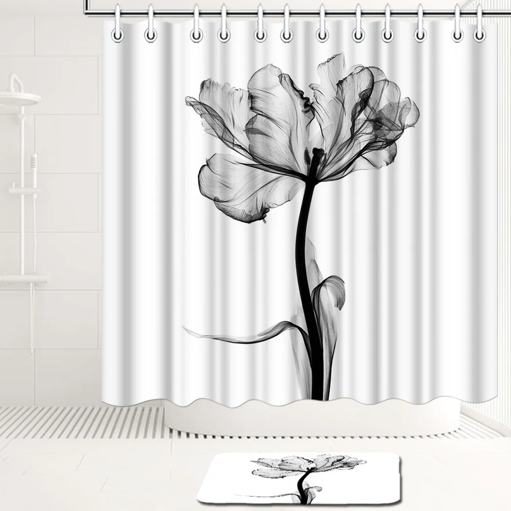 

Black and White Flower Shower Curtain Set Poppy Zen Relaxing Bath Curtain Modern Bathroom Mat Waterproof Polyester with 12Hooks