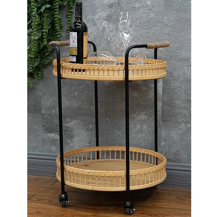 

Home Decor Antique Handmade Furniture Rattan Wood Kitchen Trolley Cart 2 Tiers Round Storage Shelf Rack with 4 Metal Wheels, According to the item