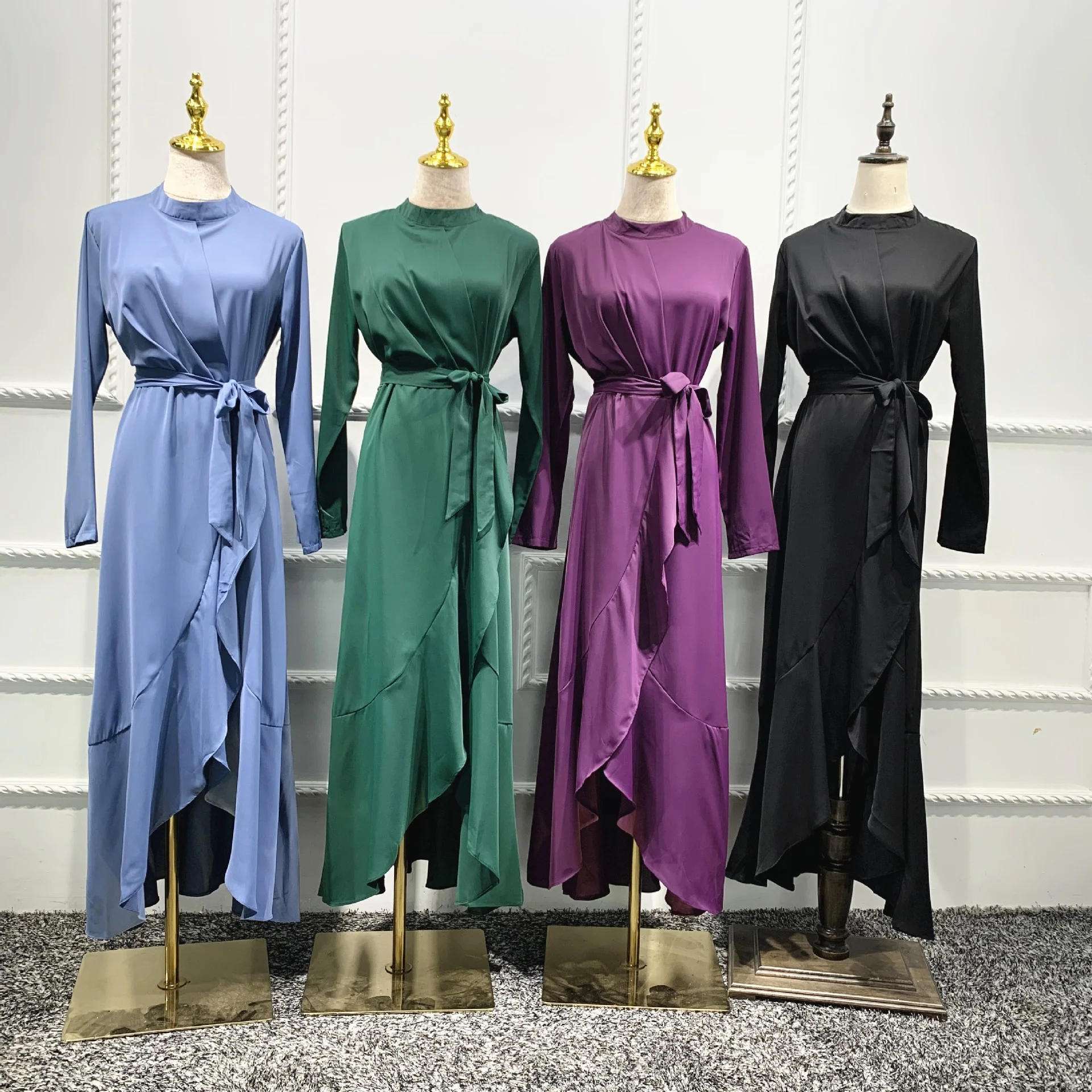 

Factory Direct Islamic Clothing Long Skirt Free Shipping Malaysia High Quality Stitching Ribbon Ruffled Muslim Dresses, Black.blue.purple.green
