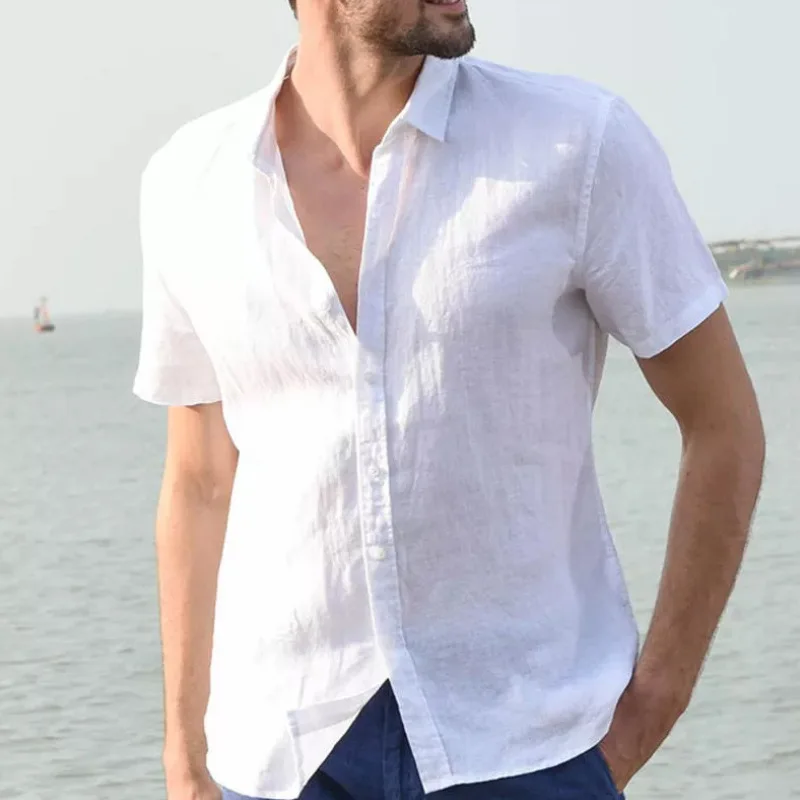 

Linen Fabric Short Sleeve Aloha Shirt White Shirts Button Up summer Solid Color hawaiian Shirts Men, Stripes