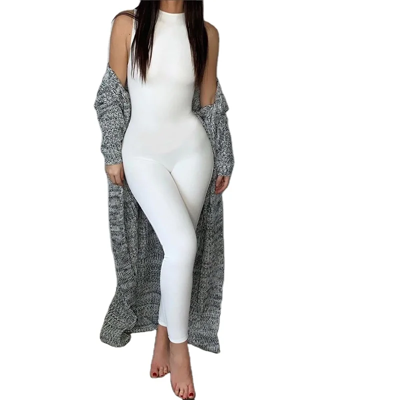

Wholesale 2021 high quality new fashion women clothing sleeveless yoga fitness white long pant bodycon jumpsuit, Photo shows