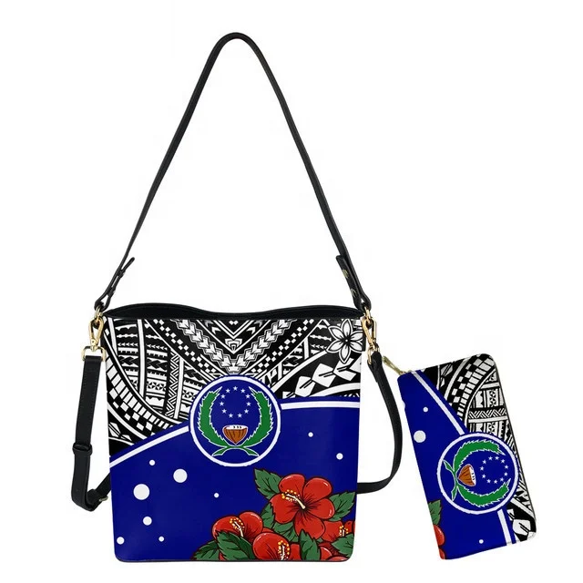 

Pohnpei Micronesian Tribal Wave Tattoo Blue Women Crossbody Bags 2021 Leather Shoulder Bag Bucket Satchel Bags 2pcs Purse Set