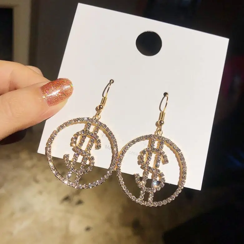 

Punk Exaggerated Full Rhinestone Dollar Sign Hanging Dangle Earrings Long Shiny Crystal Dollar Earrings, Picture