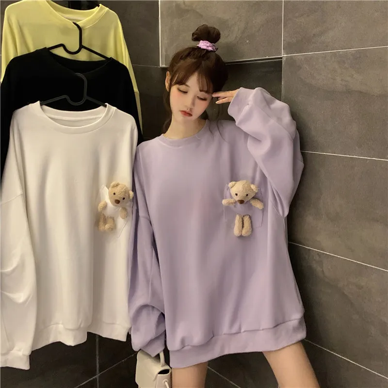 

2020 fashion spring and autumn wear pocket bear sweater women loose Korean style mid-length thin casual western style jacket