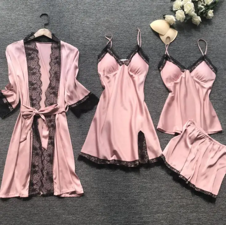 
Women 4pcs silk satin pajamas set with contrast color lace sleepwear for ladies  (62352405995)