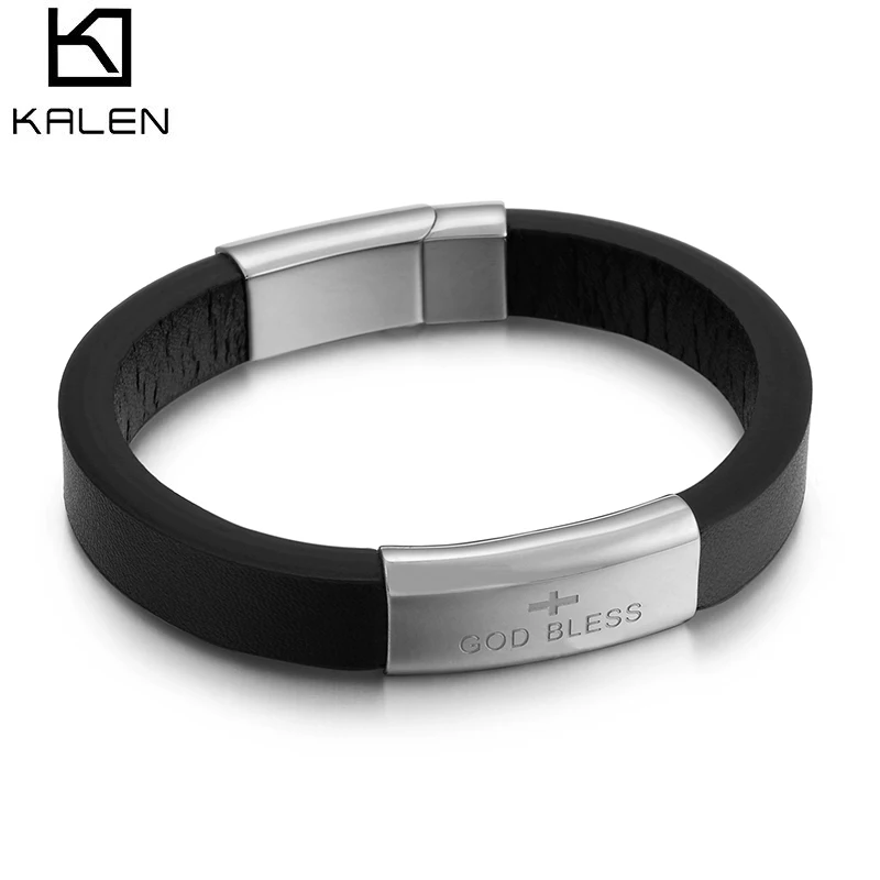 

KALEN Vintage Leather God Bless Cross Men Silver Stainless Steel Bracelet