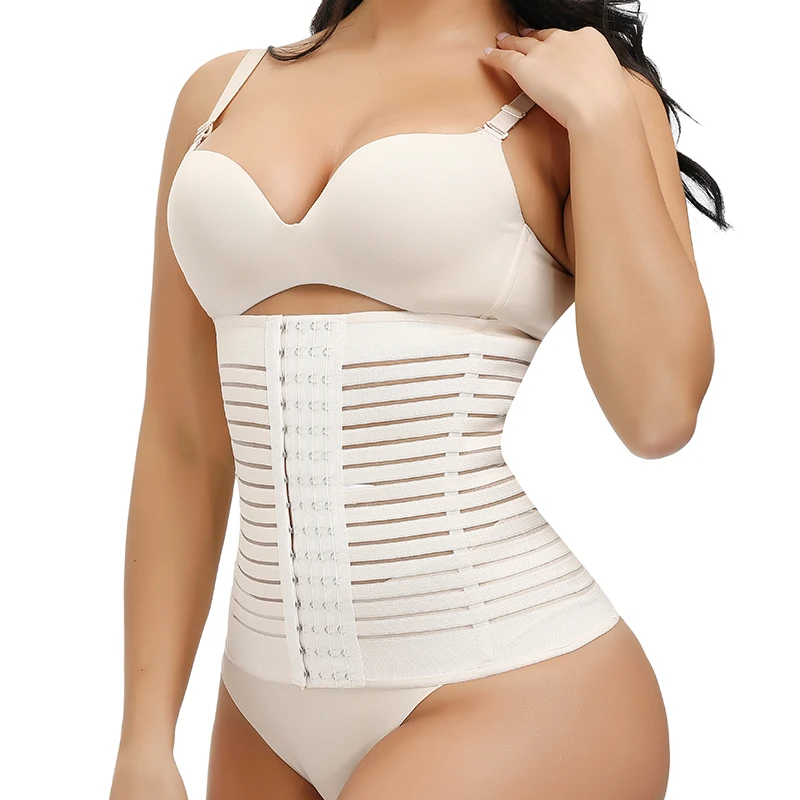 

Wholesale Custom Waist Trainer Compression Belt Slimming Shaper Body Corset Women With Hooks And Double Belt, Black/skin