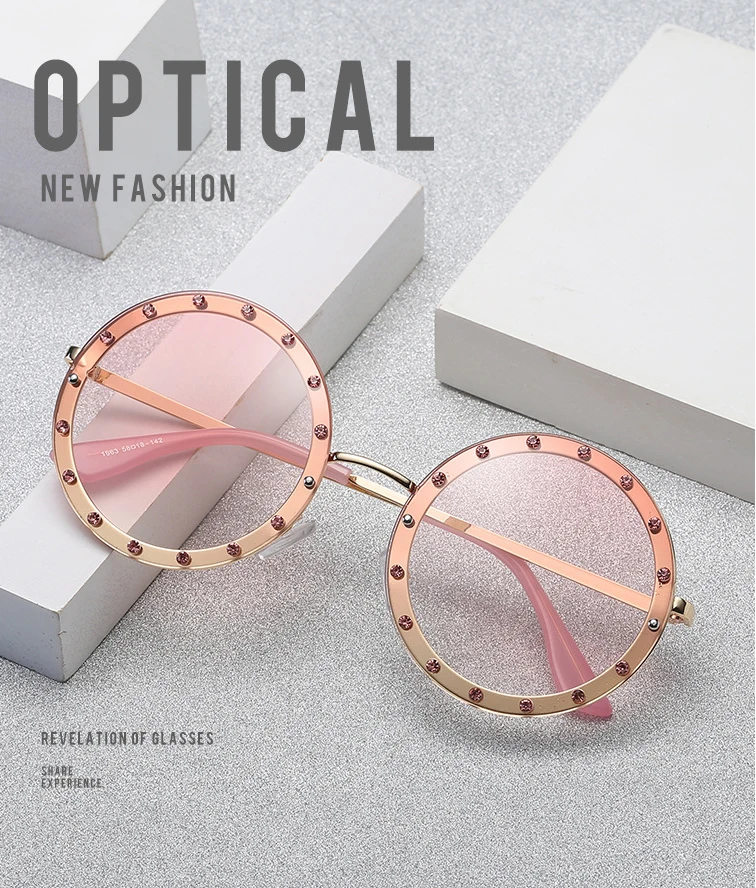 Vintage Metal Frame Rhinestone Optical Lens Custom Logo Women Round Sunglasses