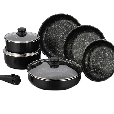 

High Quality Induction Cooking Kitchenware Non Stick Marble Coating Cookware Set With Removable handle, Customized color