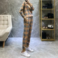 

Autumn new fashion casual plaid polo neck long sleeve knit sweater top with loose wide leg pants two piece set women clothing