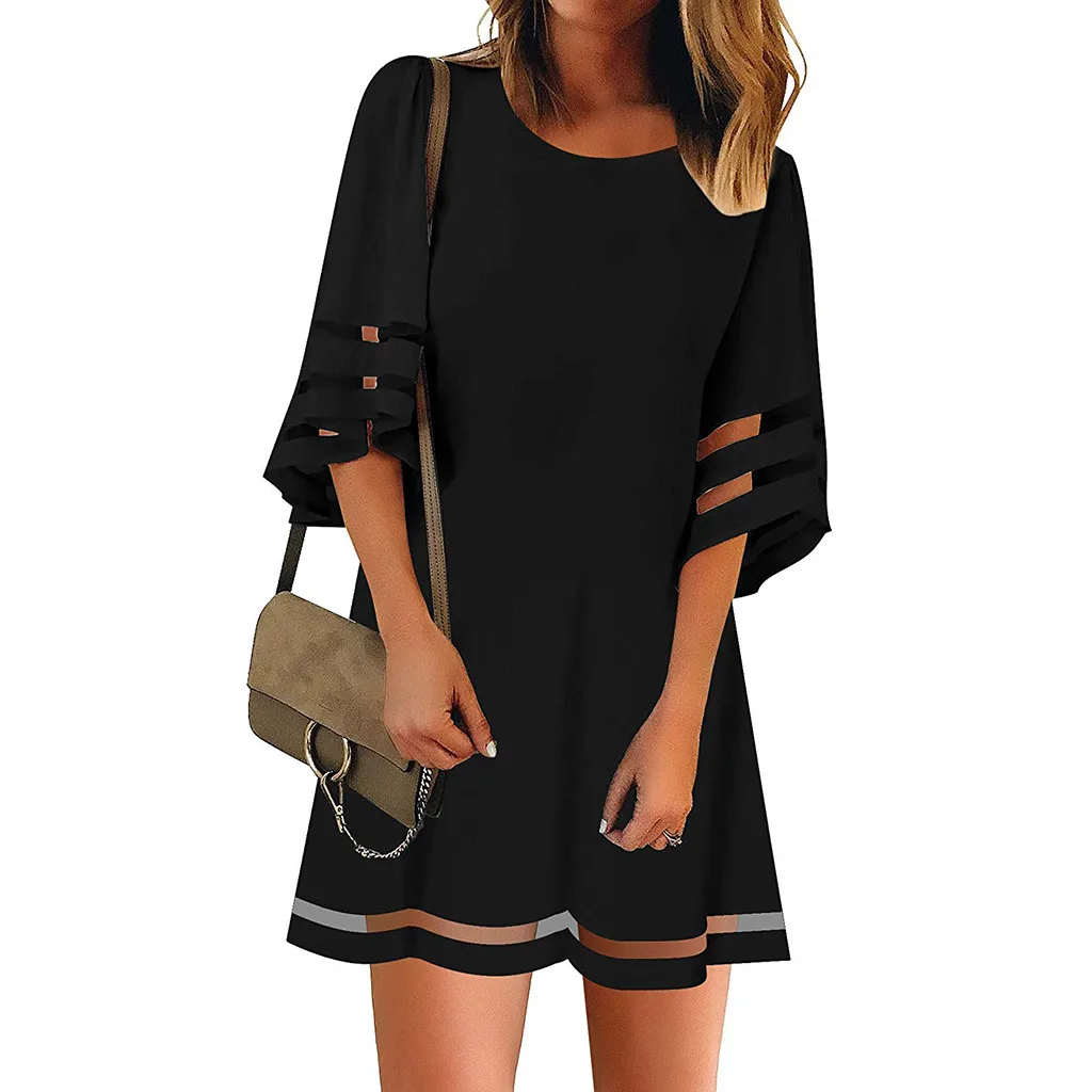 

45#Summer Women Dress Black Casual O Neck Mesh Panel Blouse 3/4 Bell Sleeve Loose Top Shirt Dress Lady Solid Dresses Vestido, Customized color