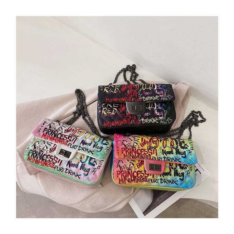 

New fashion trend women's Shoulder Ins Hot Sale Graffiti Handbag Colorful Art Printed Princess Pures Rainbow Bag