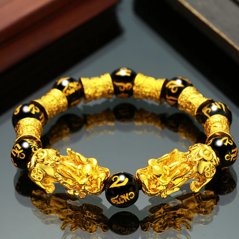 

Stone Feng Shui Obsidian Beads Bracelet Wristband Black Gold PIXIU Lucky Bracelet, As picture showed