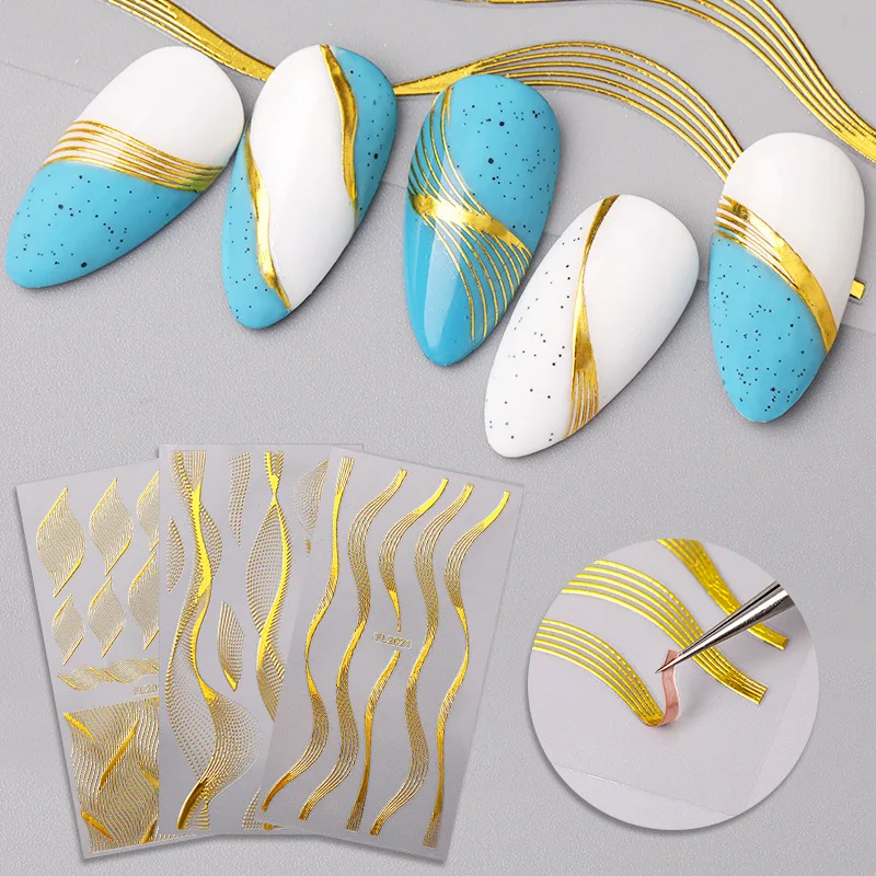 

3D Nail Art Sticker Gold Geometry Line Adhesive Gel Nail Stickers Beauty 2020, Gold color