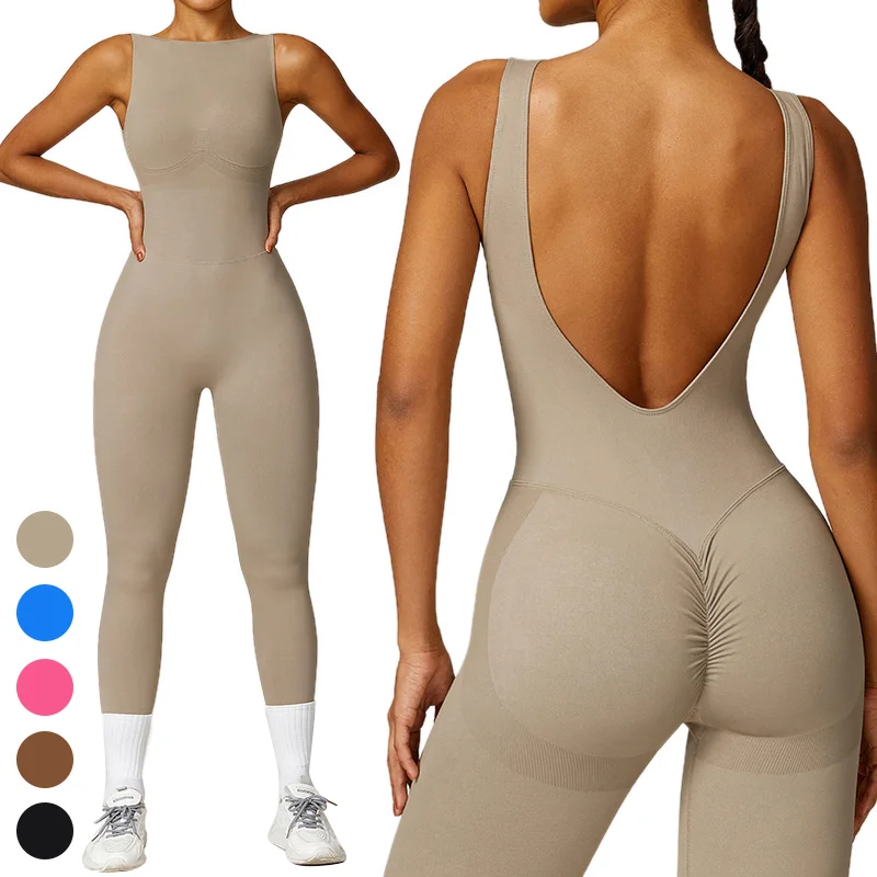 

Sleeveless Butt Lifting Jumpsuits Custom Logo Workout Wear Backless One Piece Gym Fitness Bodysuit Women Seamless Yoga Jumpsuit