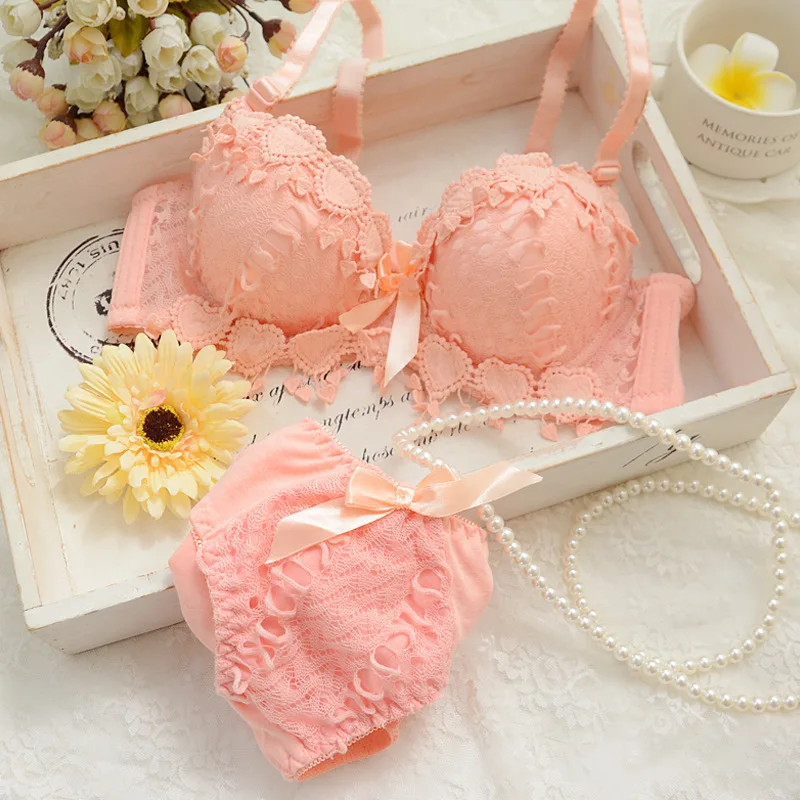 

Lovely Girls Sexy Lace Bra And Panty Sets Cute Japanese Underwire Push Up Lace Bra Set, 7 colors white, pink, yellow, red, green, blue, black